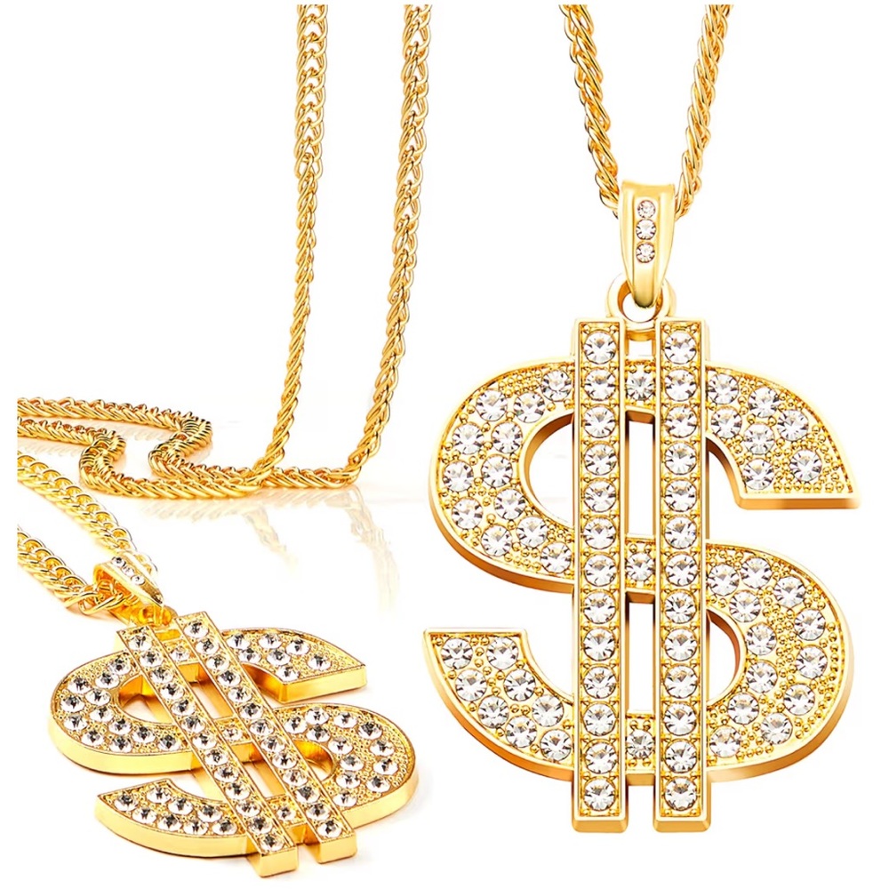 Spooktacular Creations 2 pcs Gold Dollar Chains Necklaces Money Pendant Chain